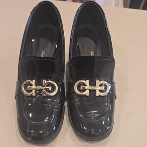 Salvatore Ferragamo Black Patent Leather Loafers with Silver Hardware